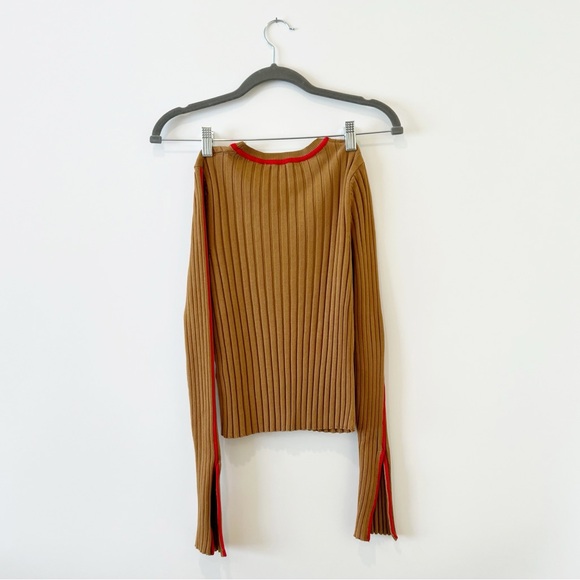 Zara Ribbed Long Sleeve Sweater Womens Brown Contrasting Piping Pullover Medium - Picture 5 of 11